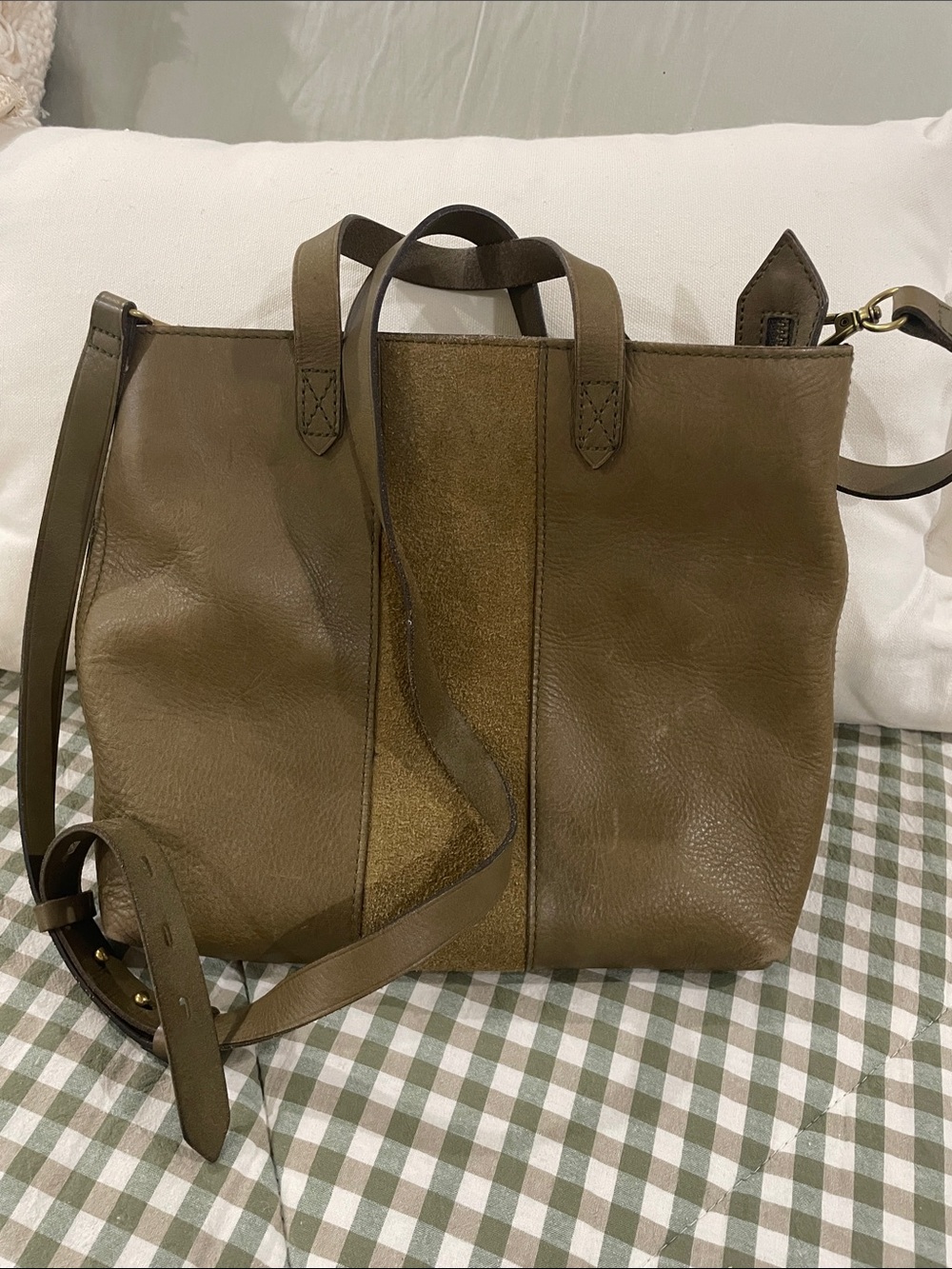 Madewell Olive Leather Tote with Center Suede Panel